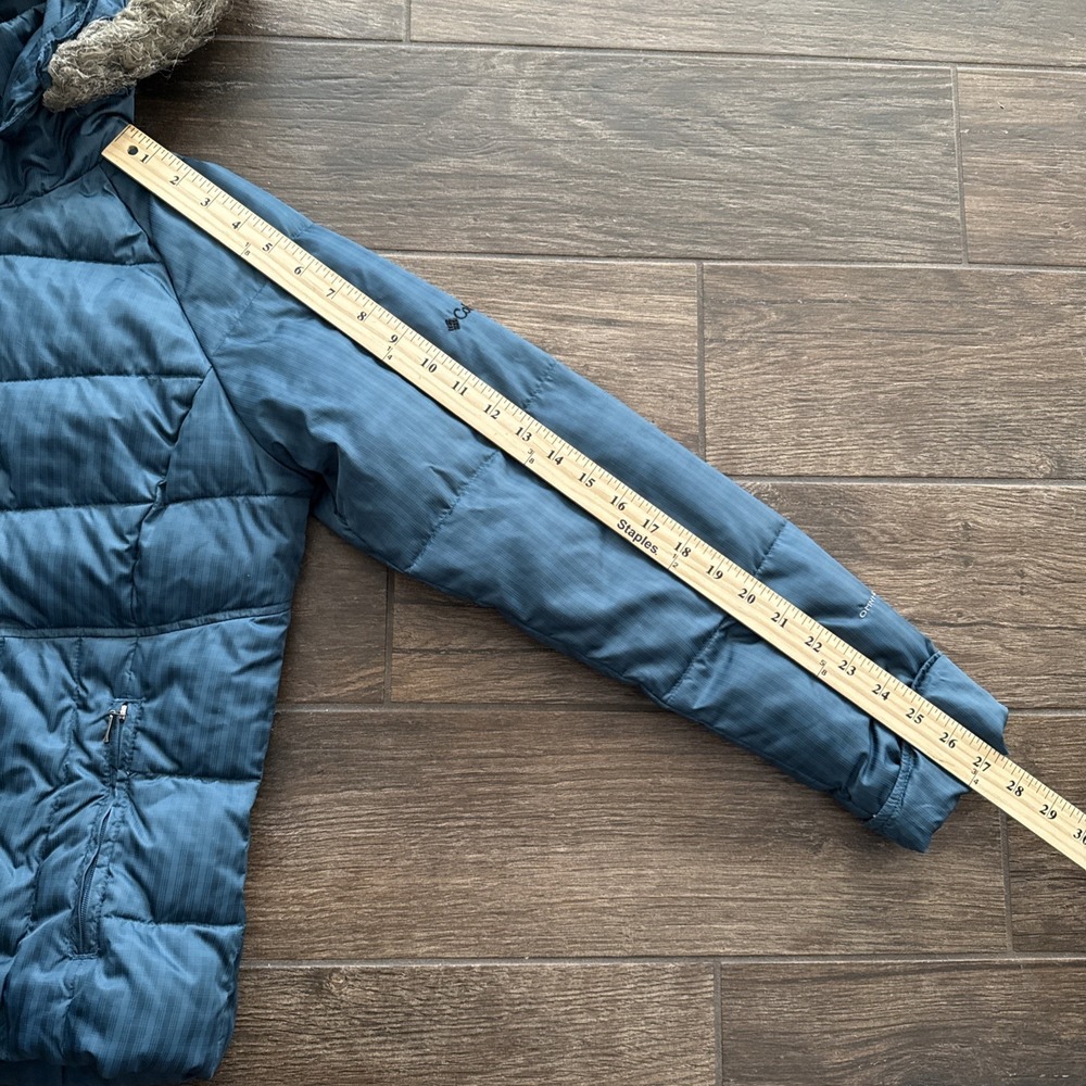 Columbia Down Puffer Jacket Women Medium Omni Shield Blue Hooded Faux Fur Trim - Picture 7 of 15